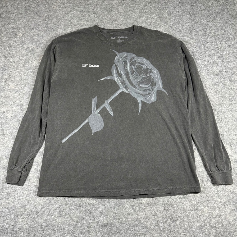 Pop Smoke Graphic T-Shirt Mens XL Black Excellent Rose Long Sleeve Merch Tee